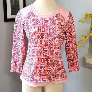 NYGARD, women's top, pink with great inspiration sayings. Size Petite small (6-8